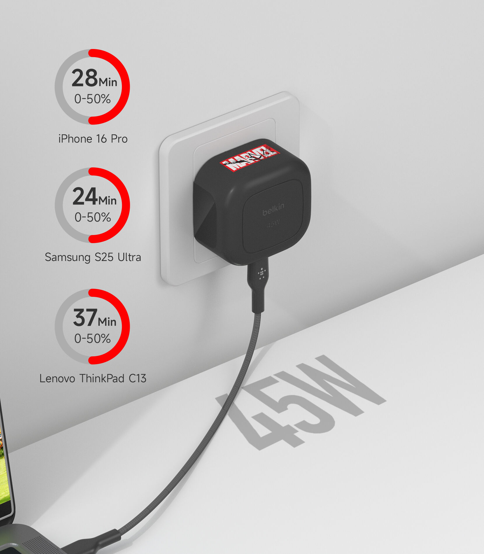 一個 Belkin BoostCharge USB-C 迷你充電器 45W 插入黑色插座,透過白色 USB-C 對 USB-C 連接線為木質書桌上的手提電腦充電。 一個 Belkin BoostCharge USB-C 迷你充電器 45W 插入黑色插座,透過白色 USB-C 對 USB-C 連接線為木質書桌上的手提電腦充電。