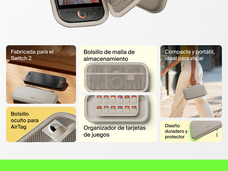 Infographic highlighting the Belkin Gaming Travel Case for Nintendo Switch 2 with features like a mesh utility pocket, game card sleeve, hidden AirTag pocket, and compact, durable design.