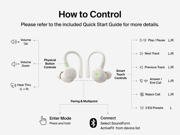 Belkin SoundForm ActiveFit Wireless Earbuds with physical button and smart touch controls for volume, playback, calls, EQ presets, and multipoint pairing.