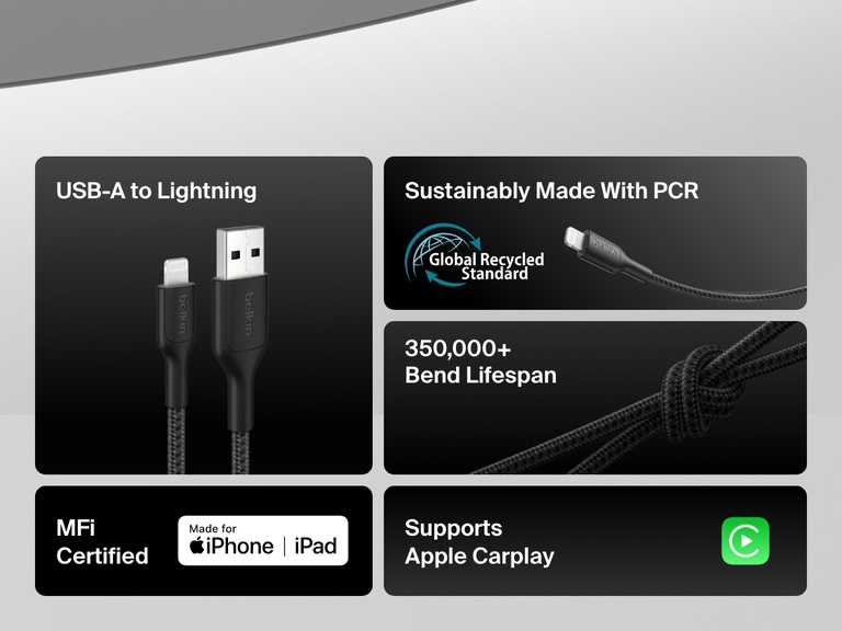 Infographic highlighting the Belkin BoostCharge Braided USB-A Cable with Lightning Connector, featuring MFi certification, Apple CarPlay support, 350,000+ bend lifespan, and eco-friendly materials made with PCR.