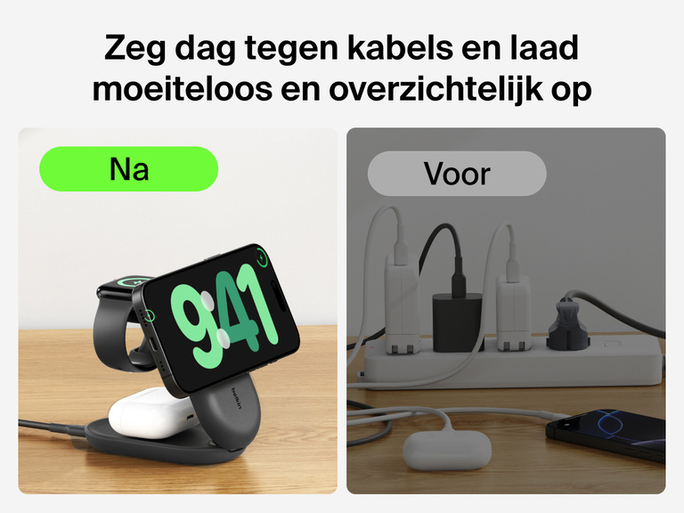 De Belkin UltraCharge 3-in-1 uitklapbare magnetische lader met Qi2 25W laadt meerdere apparaten draadloos op zonder wirwar van kabels, zoals ernaast te zien is.