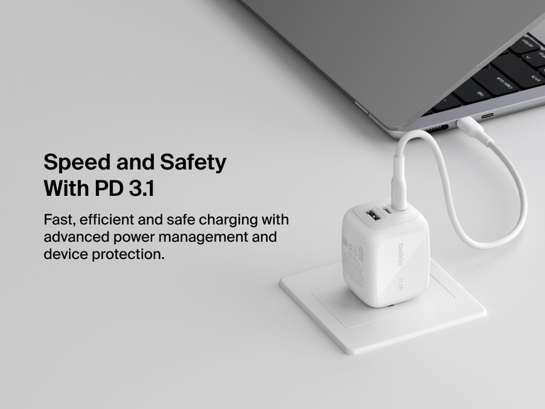 BoostCharge Pro 3-Port GaN Wall Charger 70W connected to a laptop, showcasing USB-C PD 3.1 technology for fast, efficient, and safe charging with advanced power management.