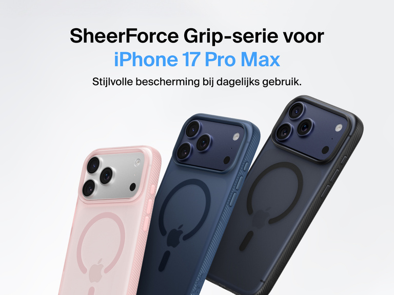 Belkin SheerForce Grip Series protective case for iPhone 17 shown in pink, clear, and black with slim design and MagSafe compatibility.