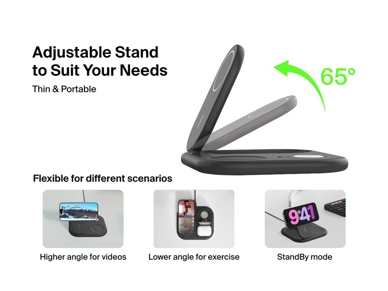 The Belkin BoostCharge Pro 3-in-1 Magnetic Foldable Wireless Charger with Qi2 15W features a 65-degree adjustable stand for optimal viewing angles, supporting video watching, workouts, and StandBy mode functionality.