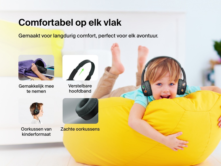 Smiling child wearing Belkin Wired On-Ear Headphones for Kids while lounging on a yellow beanbag, with callouts for soft ear cushions, adjustable headband, kid-sized earcups, and easy portability.