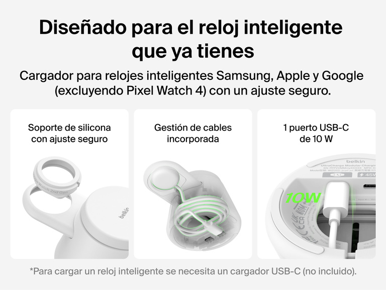 Se muestra la estaci&oacute;n de carga modular con Qi2 de 25 W Belkin UltraCharge, destacando su soporte de silicona con ajuste seguro para reloj inteligente, la gesti&oacute;n de cable integrada y el puerto USB-C de 10 W para una carga m&aacute;s flexible con cargadores compatibles de Apple, Google y Samsung.