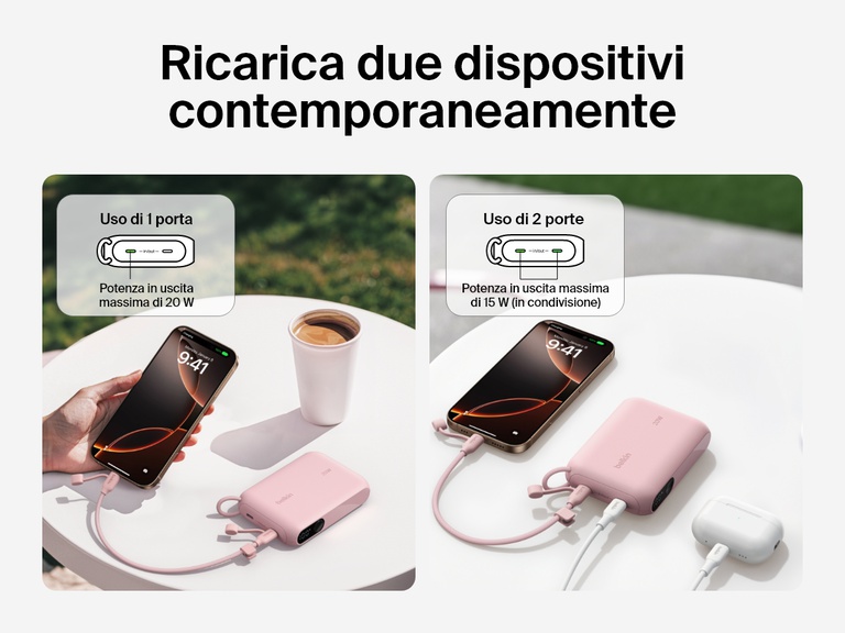 Confronto visivo della power bank 10K con display BoostCharge Belkin che ricarica un dispositivo a 20 W o due dispositivi simultaneamente condividendo la potenza in uscita di 15 W. L'immagine mostra la power bank che ricarica uno smartphone e un paio di auricolari wireless su un tavolo.