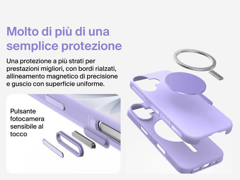 Immagine della custodia Belkin SheerForce Protect Series per iPhone 17 che evidenzia la compatibilit&agrave; con MagSafe e Qi2 per un aggancio magnetico potente a caricabatterie e altri accessori.