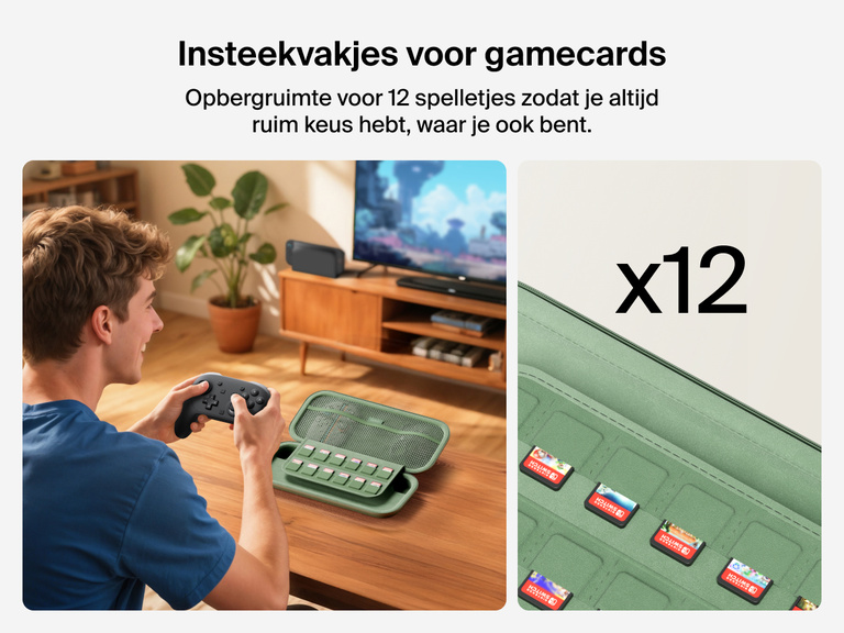 Man gaming with a controller beside the Belkin Gaming Travel Case for Nintendo Switch 2, which features a built-in sleeve that holds up to 12 game cards for easy access.