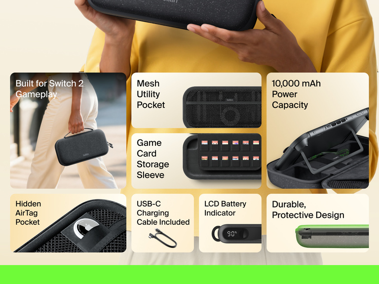 Infographic showcasing the Belkin Gaming Charging Case for Nintendo Switch 2 with features like 10,000 mAh power capacity, game card storage sleeve, USB-C cable, LCD battery indicator, mesh pocket, hidden AirTag pocket, and a durable, protective design.