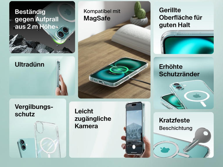 A feature-packed promotional image of the SheerForce™ Magnetic iPhone Case, highlighting its key benefits. The collage showcases its MagSafe compatibility, grip-enhancing grooved texture, protective raised edges, anti-yellowing technology, and anti-scratch coating. It also emphasizes 2m drop protection, ultra-slim design, and easy access to camera control, making it a durable and stylish choice for iPhone users.