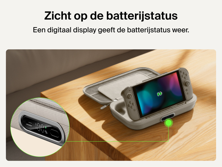 Belkin Gaming Charging Case Pro for Nintendo Switch 2 shown with built-in digital battery display and charging dock for quick power status at a glance.