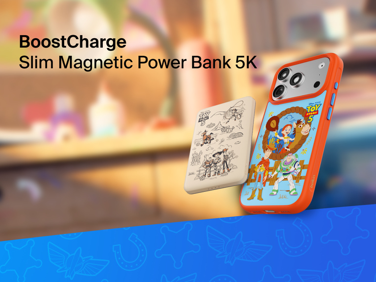 Belkin BoostCharge Slim Magnetic Power Bank 5K shown magnetically attached to a smartphone beside a slim wallet accessory, highlighting its compact portable charging design.