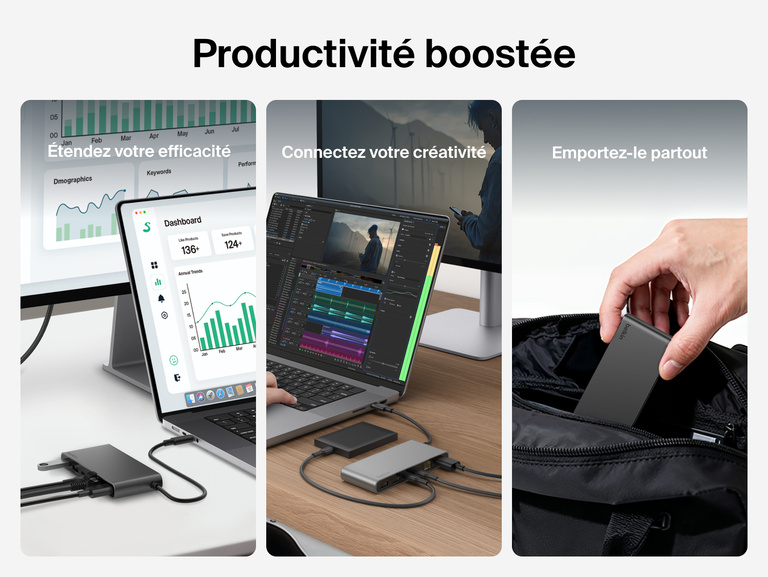 Hub USB-C Belkin Connect &agrave; 8&nbsp;ports dont 1&nbsp;port Ethernet 2,5&nbsp;Gbit/s pour des espaces de travail et de cr&eacute;ativit&eacute; productifs, avec un design compact qui se range facilement dans un sac.