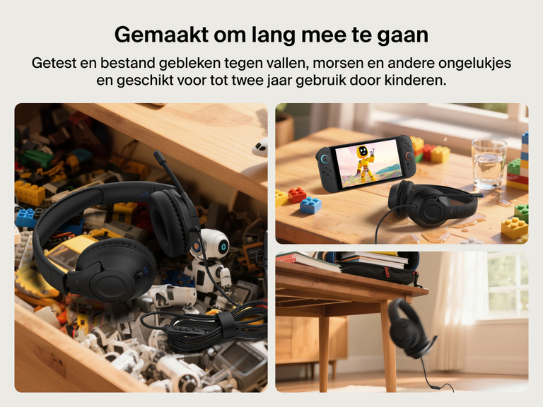 De Belkin Gaming Inspire bedrade headset voor kinderen voor de Nintendo Switch 2 is te zien in realistische situaties met speelgoed, gemorste vloeistoffen en laten vallen, om te benadrukken dat de headset kinderbestendig is en getest en bestand is gebleken tegen ongelukjes.