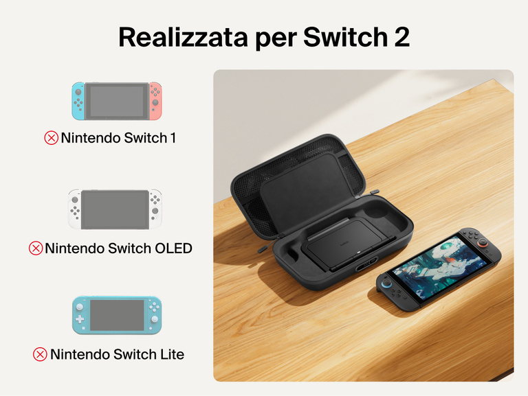Belkin Gaming Charging Case Pro for Nintendo Switch 2 shown with custom-fit interior and compatibility notice indicating it is designed exclusively for Switch 2, not Switch, Switch OLED, or Switch Lite.