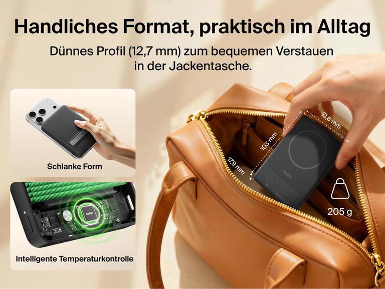 Slim Magnetic Power Bank 10K with Qi2 placed inside bag showing compact size and portability with dimension callouts