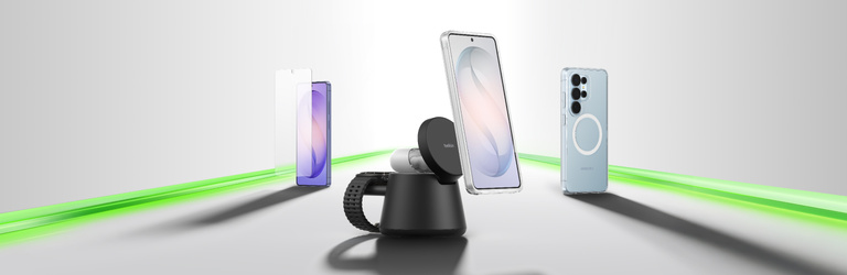 Samsung Galaxy smartphone accessories including a screen protector, magnetic wireless charger with earbuds and watch, and a clear magnetic phone case displayed along a green light trail.