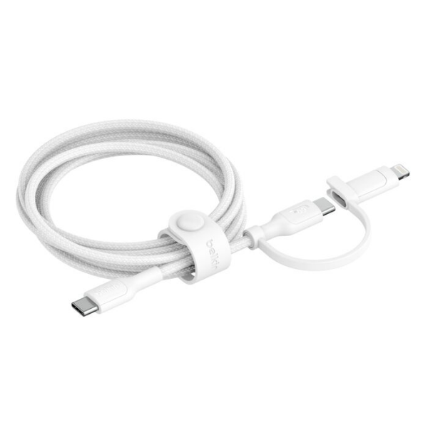 White braided charging cable with USB-C connectors, featuring a detachable Lightning adapter and included cable strap for organization.