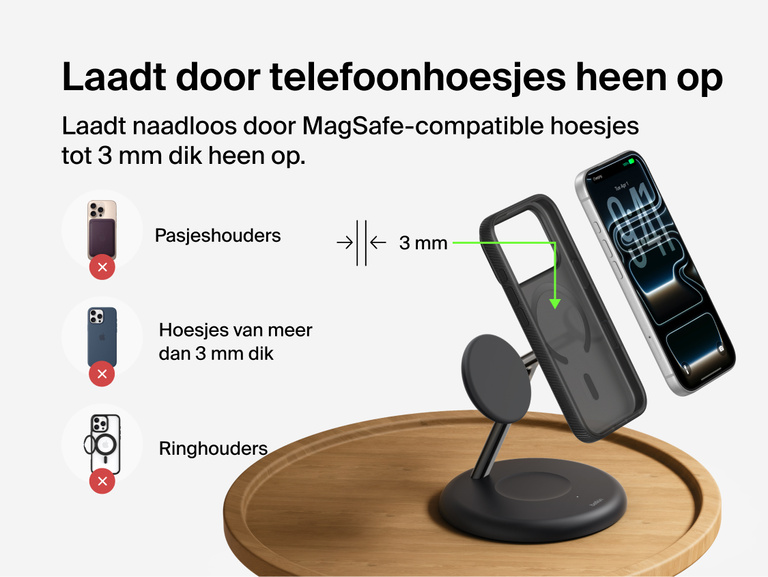 Belkin UltraCharge 3-in-1 Wireless Charging Stand with Qi2 25W demonstrating magnetic charging through MagSafe-compatible phone case up to 3mm thickness with compatibility guidelines shown
