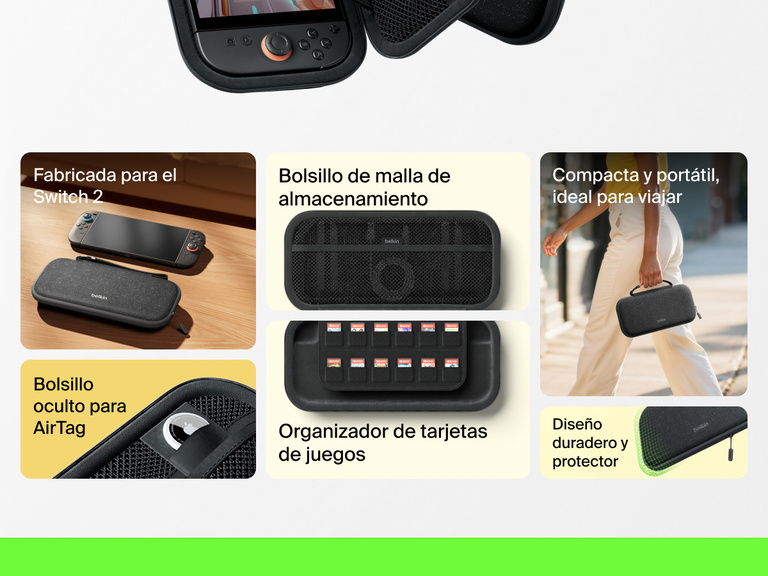 Infografía en la que se muestra la funda de viaje de Belkin Gaming para Nintendo Switch 2,  con características como el compartimento de malla, la pestaña de almacenamiento de juegos físicos, el bolsillo oculto para AirTag y su diseño compacto y duradero.   