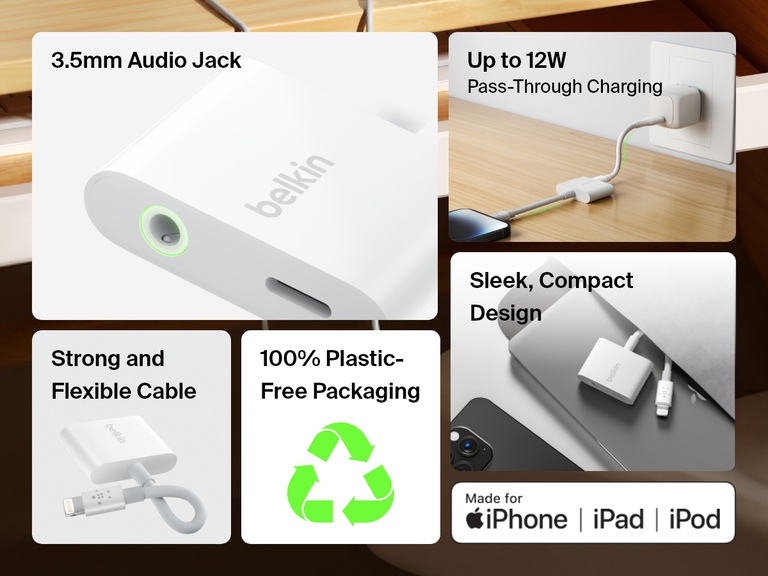Infographic highlighting the Belkin 3.5mm Audio + Charge RockStar™ with features like a 3.5mm audio jack, up to 12W pass-through charging, sleek compact design, strong flexible cable, and 100% plastic-free packaging, compatible with iPhone, iPad, and iPod.