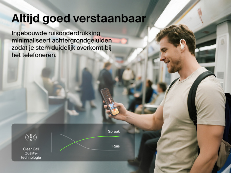 Belkin SoundForm ActiveFit Wireless Earbuds with clear call quality technology and built-in noise reduction, shown on a commuter using them on a subway train.