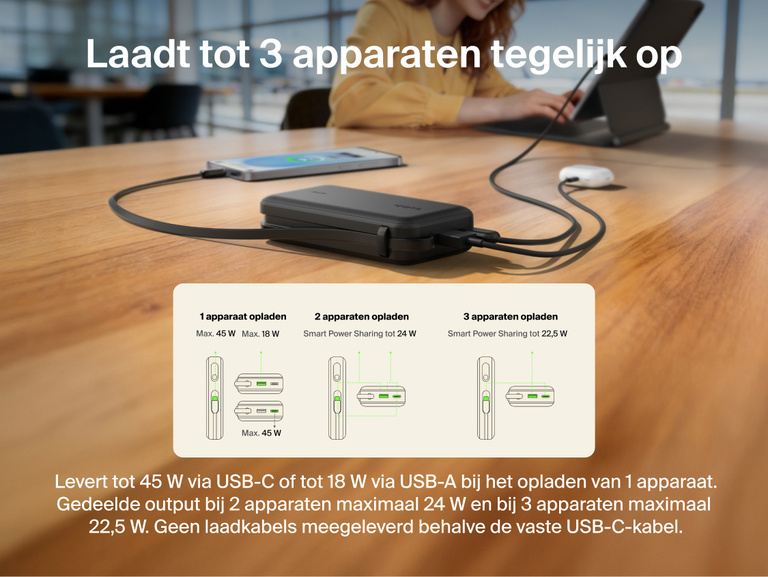 Belkin UltraCharge 10K power bank with integrated USB-C cable and digital display charging up to three devices simultaneously with smart power sharing