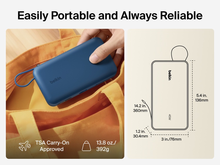 Belkin UltraCharge 20K 45W power bank with integrated cable designed for portable, TSA-approved travel with compact size and reliable on-the-go charging