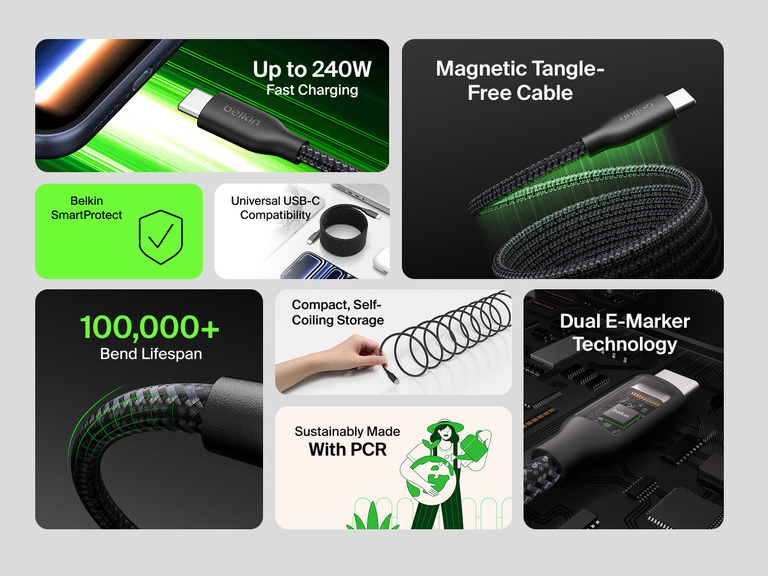 Feature overview highlighting Belkin BoostCharge Pro Magnetic USB-C Cable 240W with up to 240W fast charging, magnetic tangle-free design, 100,000+ bend lifespan, dual E-Marker technology, universal USB-C compatibility, and compact self-coiling storage.