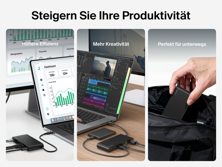 Es wird gezeigt, wie der Belkin Connect 8 Port USB C Hub mit 2,5 Gb Ethernet Anschluss die Produktivität steigert und die Kreativität fördert. Dank seiner kompakten Form passt er bequem in eine Tasche und kann unterwegs verwendet werden.