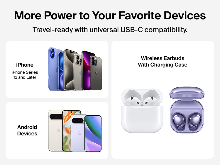 Slim Magnetic Power Bank 10K with Qi2 shown with smartphone, Android devices, and wireless earbuds demonstrating compatibility