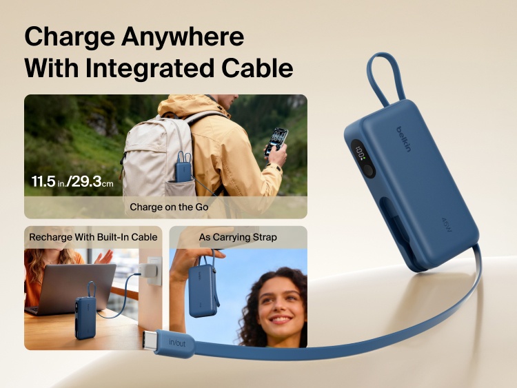 Belkin UltraCharge 10K power bank with integrated USB-C cable and digital display designed for portable charging, recharging, and convenient carry on the go