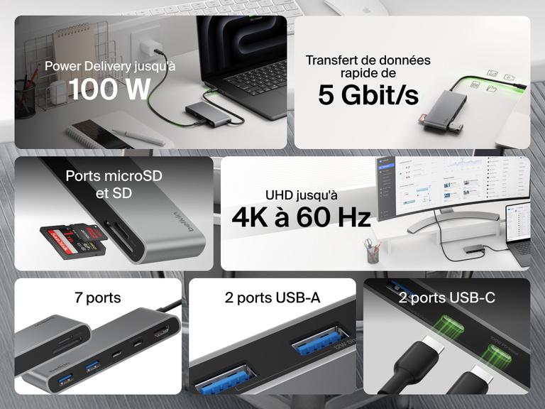 Belkin Connect 7-Port USB-C Hub with Dual USB-C Ports featuring 100W power delivery, 4K HDMI, SD and microSD slots, 5Gbps transfer speed, and multiple USB-C and USB-A ports.