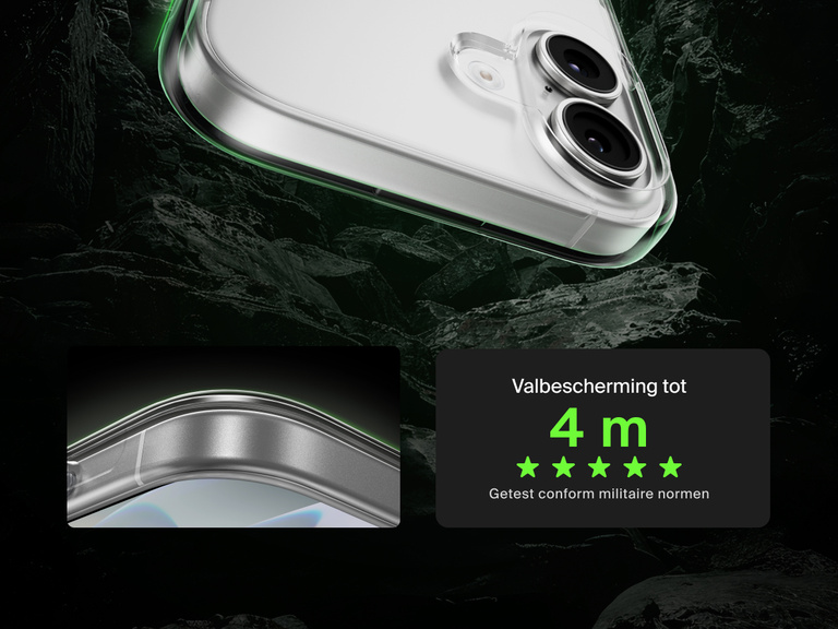 Belkin SheerForce Clear Series Case for iPhone 17 shown with 13-foot drop test and military-grade protection.