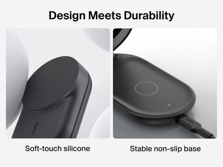 Belkin UltraCharge 3-in-1 Foldable Magnetic Charger with Qi2 25W features soft-touch silicone and a stable non-slip base for durable, secure wireless charging.
