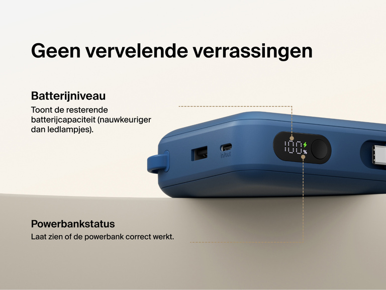 Belkin UltraCharge 20K 45W power bank with digital display showing real-time battery percentage and charging status for accurate power monitoring