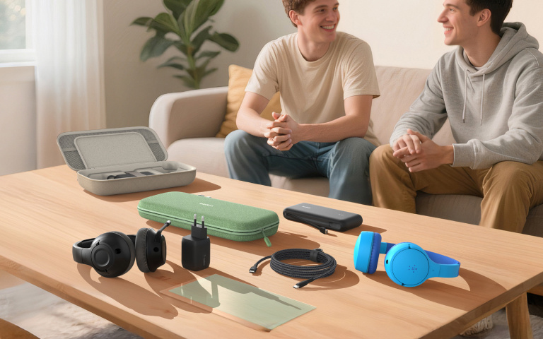 Twee jonge mannen zitten te praten op een beige bank in een lichte moderne woonkamer. Op de houten salontafel voor hen liggen diverse tech- en gamingaccessoires, waaronder twee koptelefoons (één zwarte, één blauwe), een USB-oplader, gevlochten oplaadkabels, een screenprotector en meerdere opberghoezen in verschillende kleuren. Door grote ramen komt zonlicht naar binnen en op de achtergrond is een groene plant te zien.