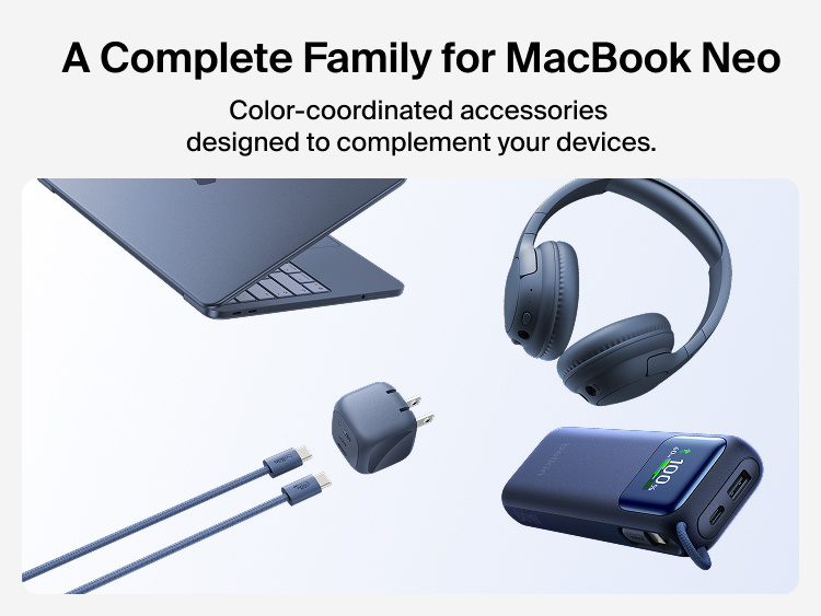 Belkin charging accessories for MacBook Neo include a compact USB-C charger, braided USB-C cable, headphones, and power bank designed to complement compatible devices.