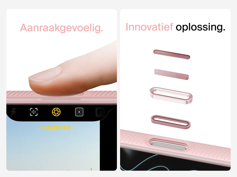 Belkin SheerForce Grip Series Case for iPhone 17 with MagSafe ring, raised edges, and floating tinted buttons for precision protection.