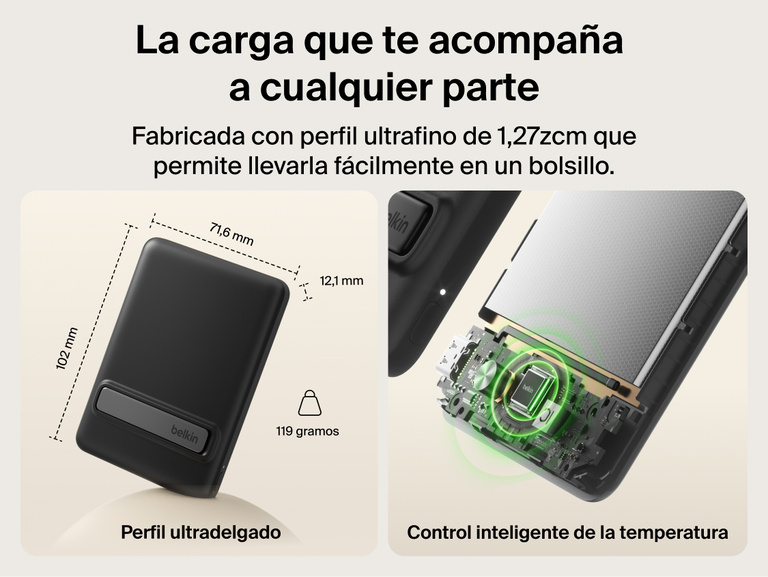 Belkin BoostCharge Slim Magnetic Power Bank 5K with Qi2 highlighting an ultra-slim, lightweight design with smart thermal control for safe, pocket-friendly portable charging.