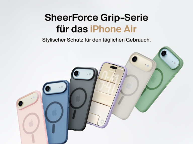 Belkin SheerForce Grip Series protective case for iPhone 17 shown in pink, clear, and black with slim design and MagSafe compatibility.