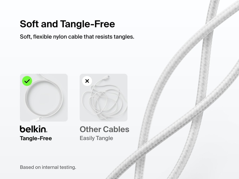 Belkin BoostCharge Pro USB-C Braided Cable with Lightning Connector features a soft, flexible nylon exterior designed to resist tangling for easy everyday use.