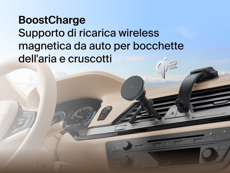 Belkin BoostCharge Magnetic Wireless Charging Car Vent and Dash Mount shown installed in a vehicle, featuring Qi2 fast charging with a portrait or landscape magnetic phone attachment.