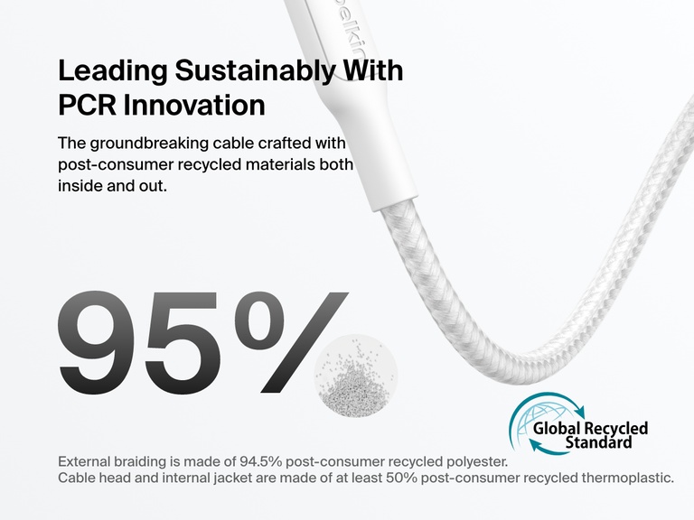 Belkin BoostCharge Pro Braided USB-C to USB-C Cable 60W is sustainably made with 95% post-consumer recycled materials, including 94.5% recycled polyester braiding and a 50% recycled thermoplastic internal jacket.