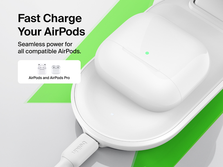 Belkin UltraCharge 3-in-1 Foldable Magnetic Charger with Qi2 25W provides fast wireless charging for AirPods and AirPods Pro with seamless compatibility.