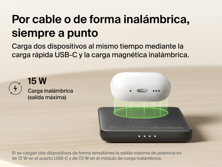 Belkin BoostCharge Slim Magnetic Power Bank 5K with Qi2 providing up to 15W magnetic wireless charging for compatible devices in a slim, portable power bank design.