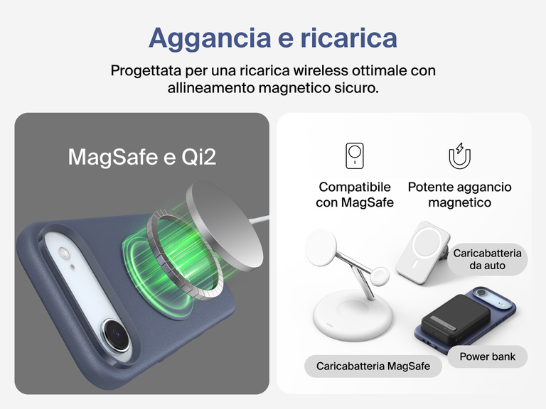 Custodia Belkin SheerForce Protect Series per iPhone 17 con bordi rialzati per la protezione dello schermo e della fotocamera, e design appositamente pensato per garantire una ricarica wireless magnetica ottimale.