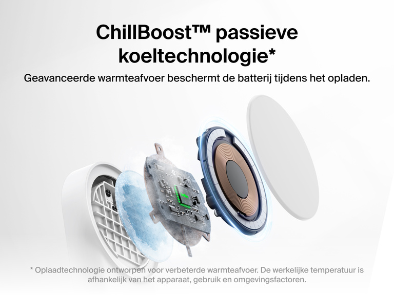 De Belkin UltraCharge 2-in-1 uitklapbare magnetische lader met Qi2 25W werkt met de passieve koeltechnologie ChillBoost™ om warmte beter af te voeren en de batterij te beschermen tijdens het opladen.