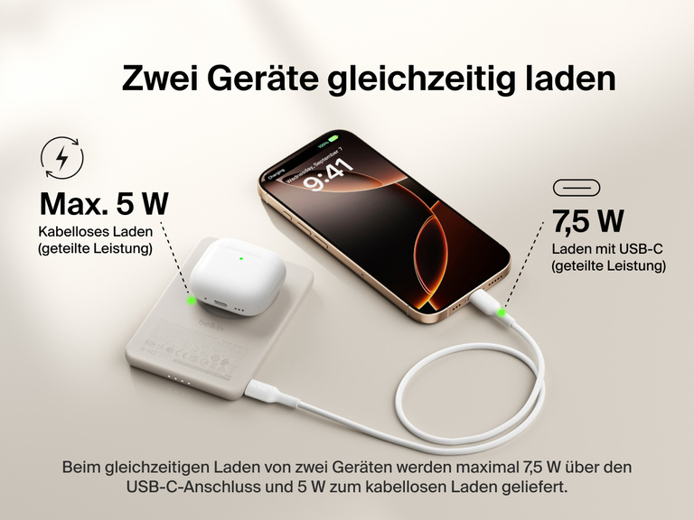 Belkin BoostCharge Slim Magnetic Power Bank 5K shown charging a smartphone and wireless earbuds simultaneously, demonstrating dual charging with 7.5W USB-C and 5W wireless shared power output.